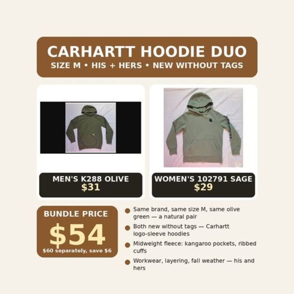 Carhartt Hoodie Duo | His + Hers Logo Sleeve Hoodies Size M New Without Tags